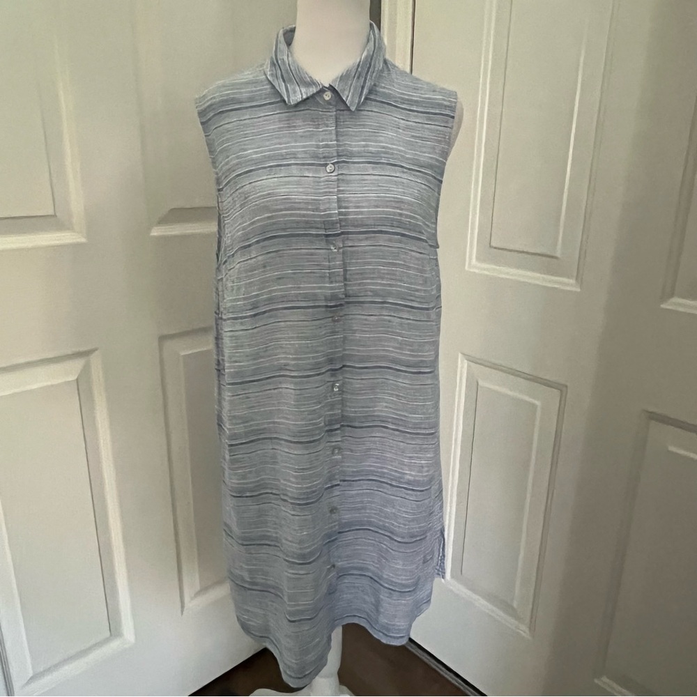 Sigrid Olsen Blue Button Dress S Linen Blend Stripes Sleeveless Collar‎ Summer